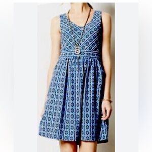 Anthropologie Maeve Lazuli Blue Black Aztec Tribal Print V Neck Dress Twee